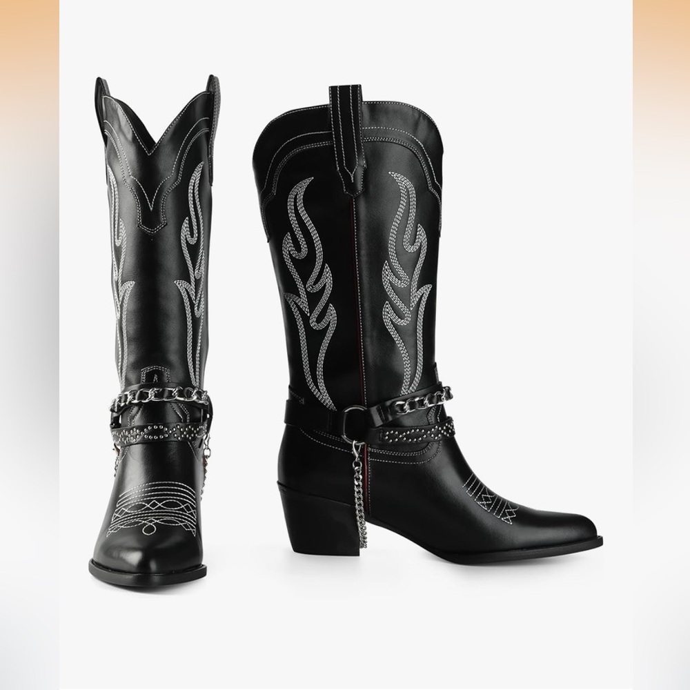 Elegant Black Leather Heeled Boots with Chain Detail
